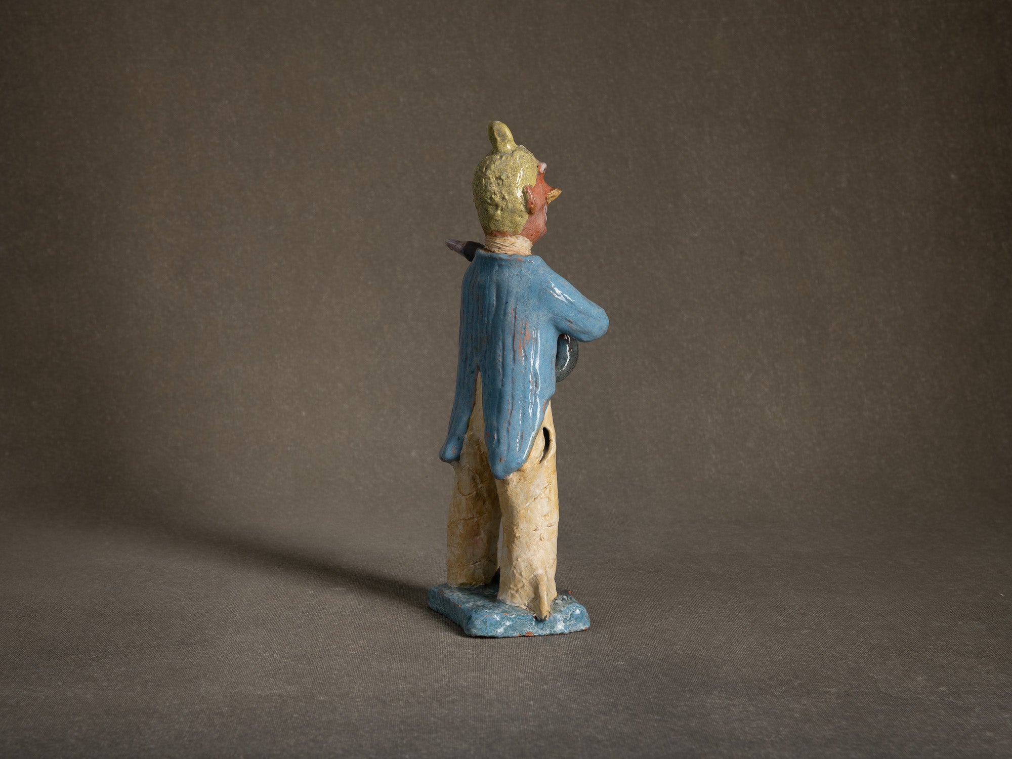 Sculpture, le cirque "Clown saxophoniste" par Fernand Joris, Belgique (1951-66)..Unique outsider art clay sculpture, the circus "saxophonist clown" by Fernand Joris, Belgium (1951-66)