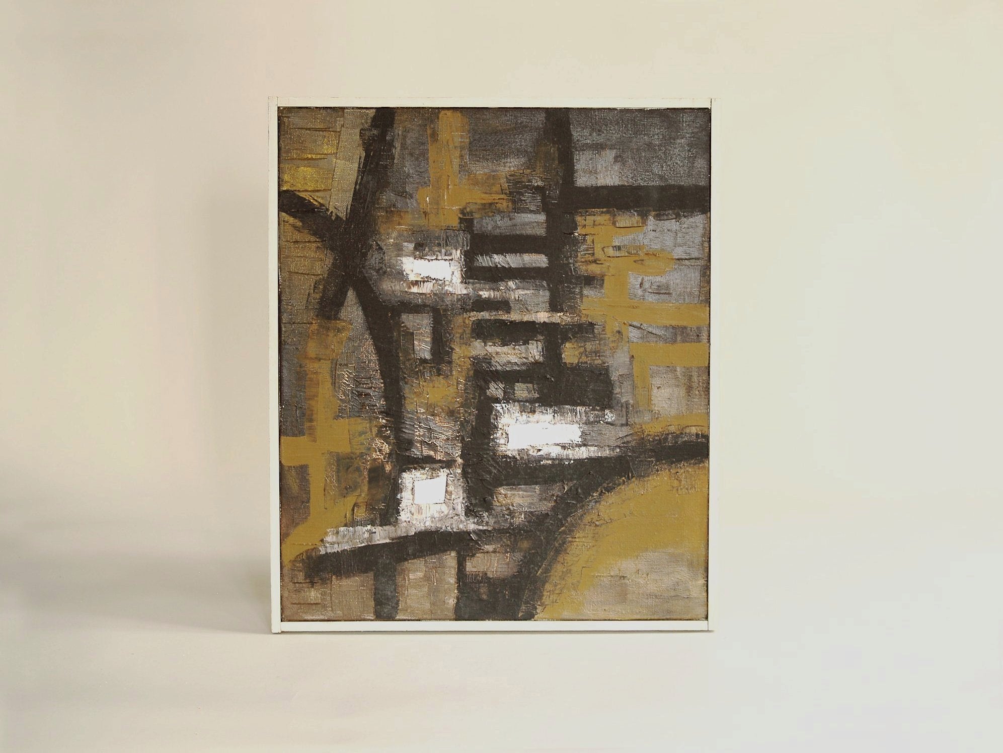 École danoise, huile sur toile, abstraction calligraphique (vers 1955)..Danish School, oil on canvas, abstraction (circa 1955)