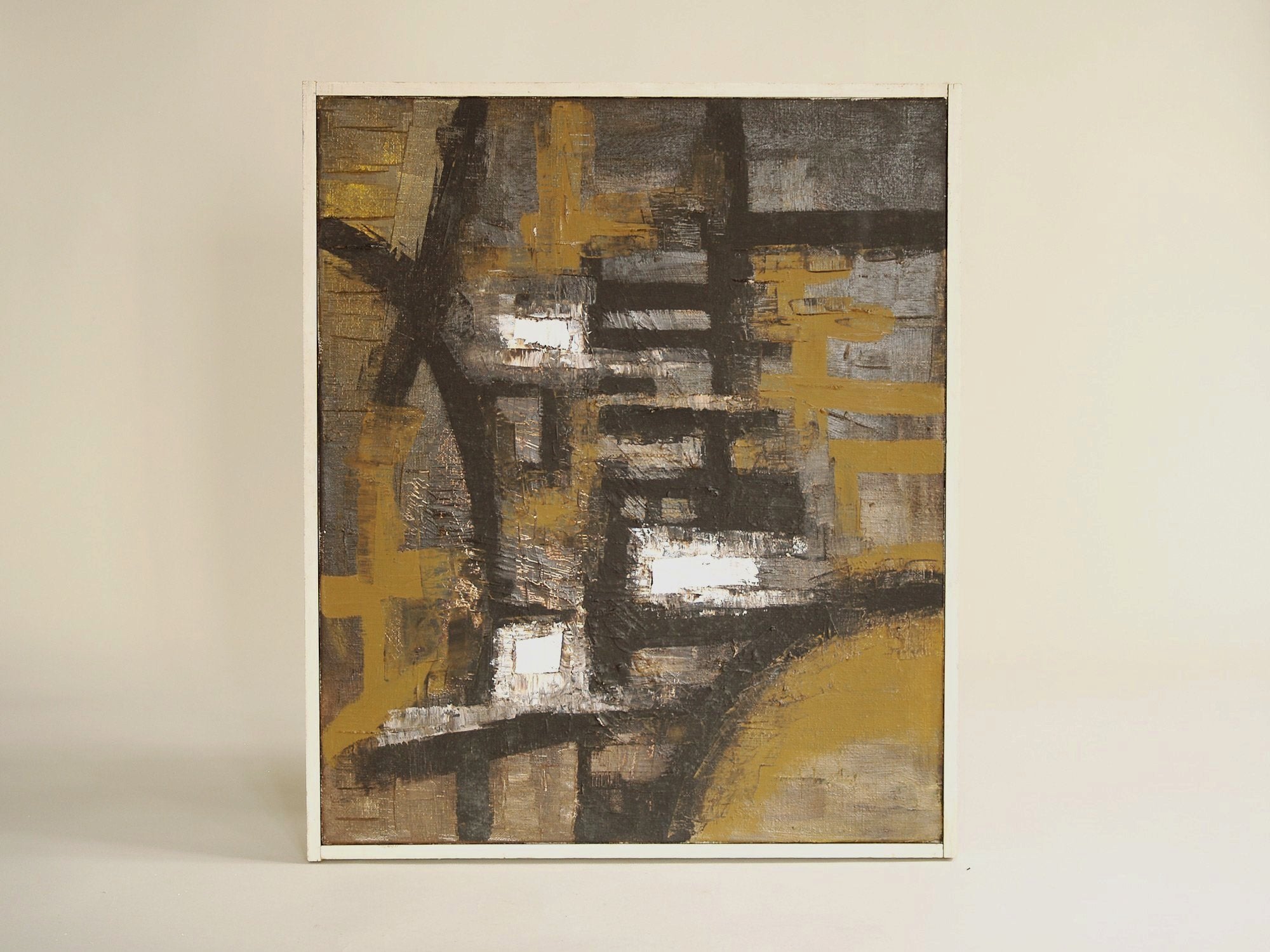 École danoise, huile sur toile, abstraction calligraphique (vers 1955)..Danish School, oil on canvas, abstraction (circa 1955)