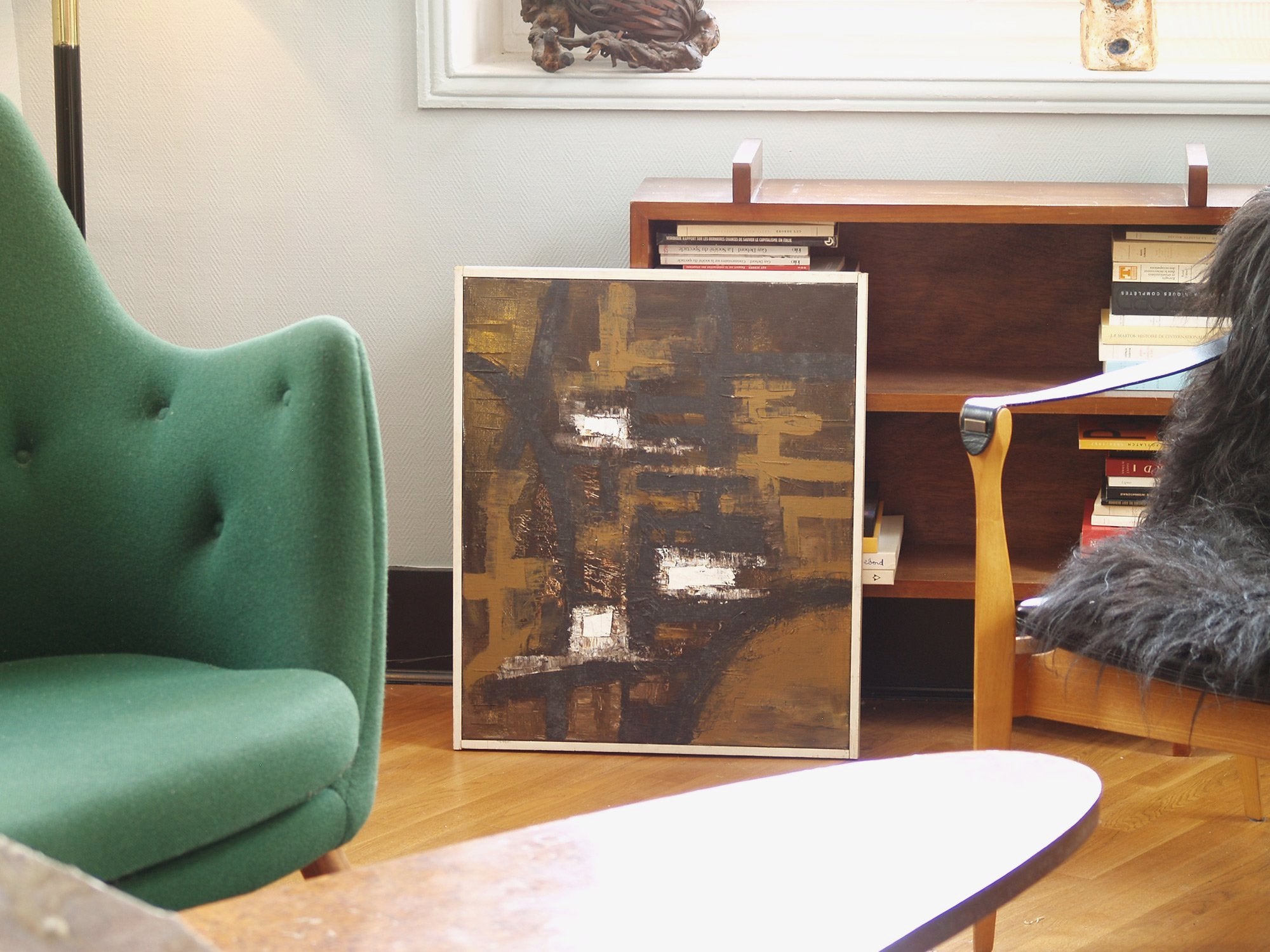 École danoise, huile sur toile, abstraction calligraphique (vers 1955)..Danish School, oil on canvas, abstraction (circa 1955)