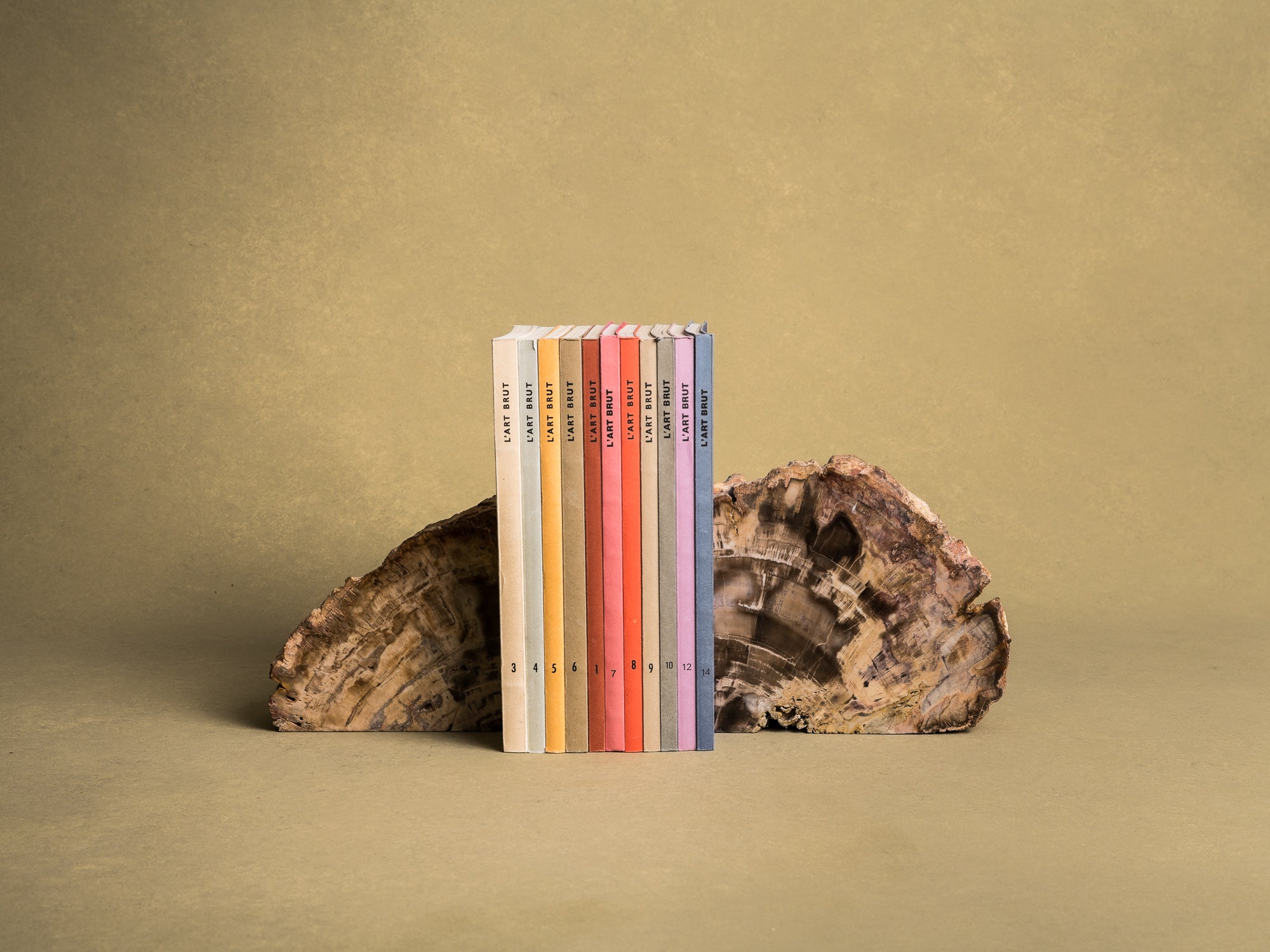 Curiosité, Serre‑livres en bois fossilisé monolithe, France (vers 1970)..Curiosity, "brutalist" bookend in fossilized wood, France (circa 1970)