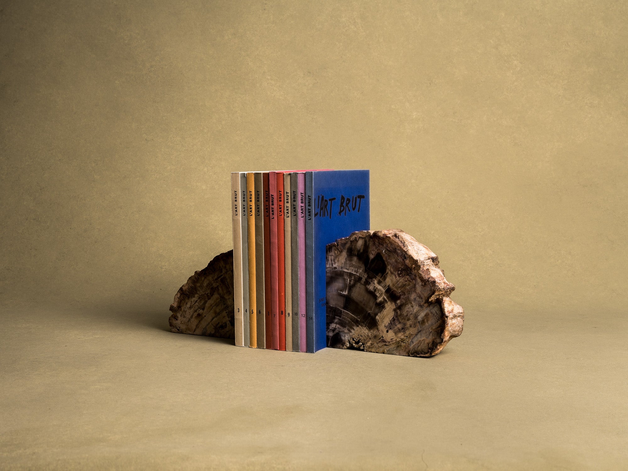 Curiosité, Serre‑livres en bois fossilisé monolithe, France (vers 1970)..Curiosity, "brutalist" bookend in fossilized wood, France (circa 1970)