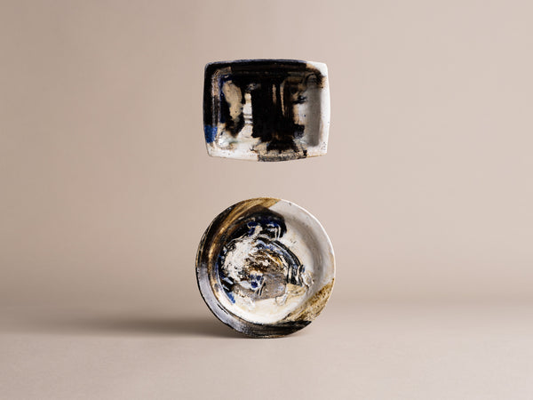 Duo de coupes murales à décor abstrait "CoBrA" par Jeppe Hagedorn-Olsen, Danemark (vers 1968)..CoBrA style set of 2 bowls by Jeppe Hagedorn-Olsen, Denmark (circa 1968)