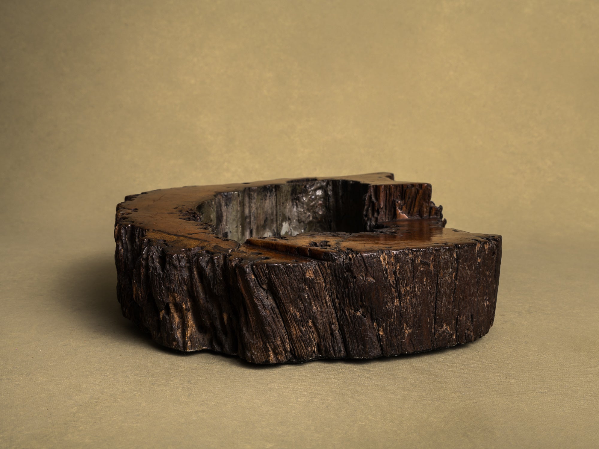 Importante coupe / support en bois de keyaki pour l'ikebana, Japon (vers 1850)..Keyaki burl wood ikebana stand vase, Japan (circa 1850)