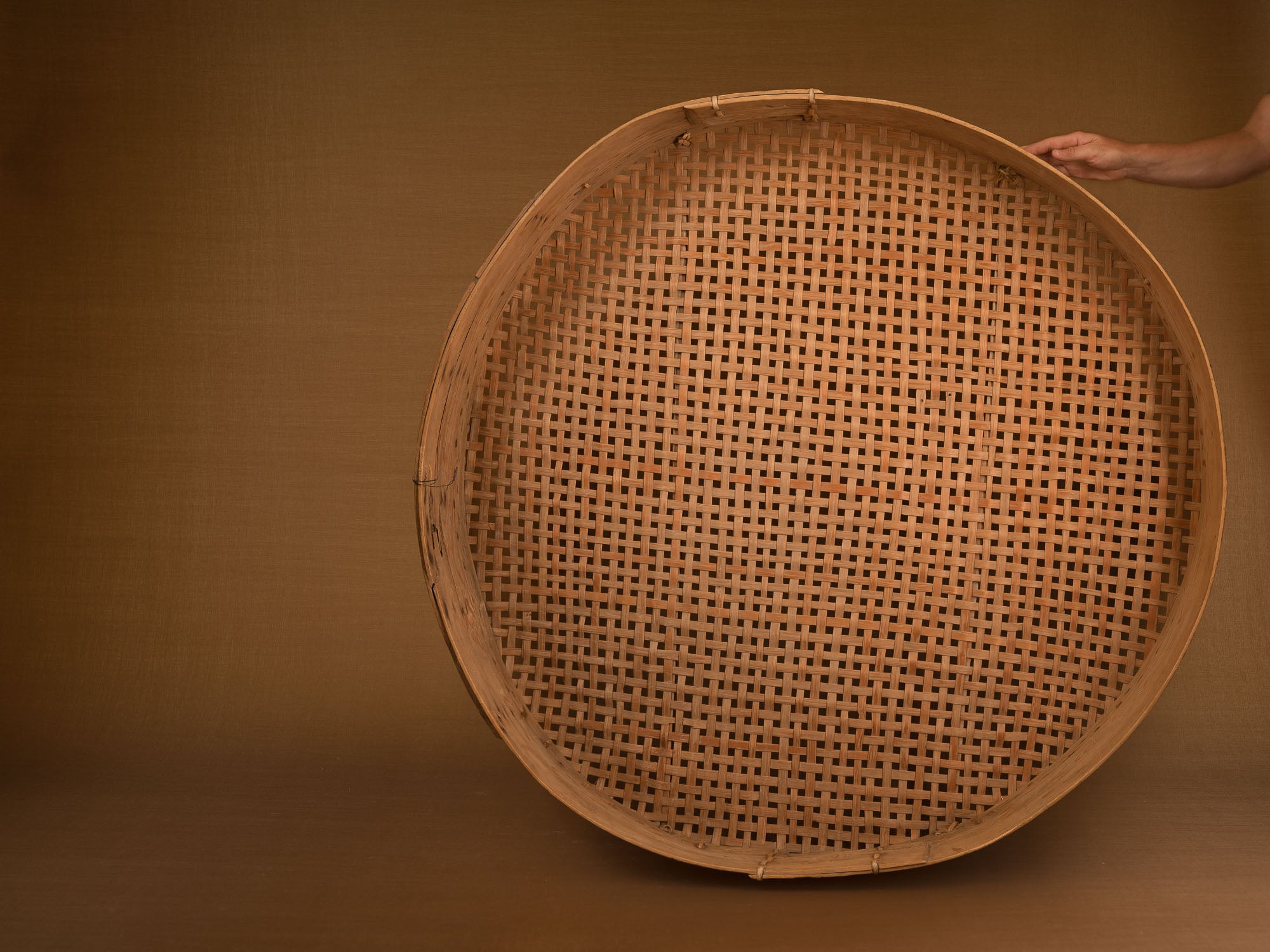 Mitate, rare tamis monumental du Jämtland en tressage de bouleau, Suède (Fin du XIXe siècle)..Mitate, old huge sieve in birch, Sweden (late 19th century)